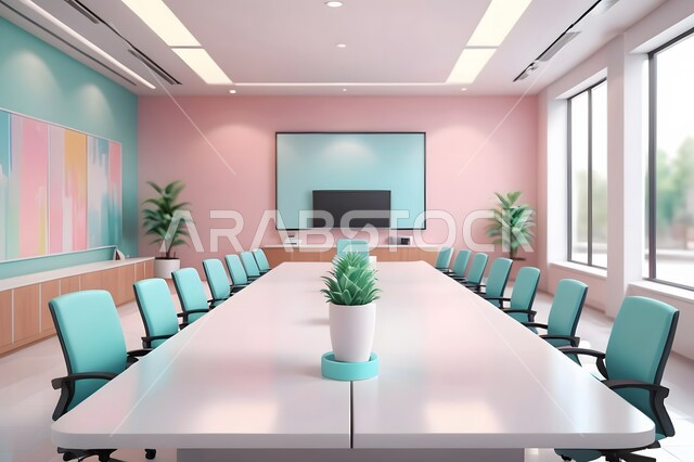 غرف مكتبية بتصاميم وديكورات داخلية فخمة ذات ألوان معاصرة متناسقة، التصميم العصري الحديث للمكاتب في الشركات السعودية، غرفة اجتماعات واسعة مع طاولة محاطة بكراسي، النوافذ والواجهات الزجاجية