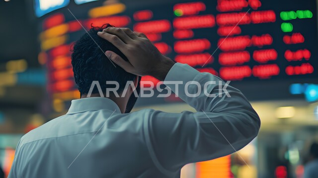 متابعة الرسوم البيانيه الهولوجراميه على الشاشات الالكترونيه المضيئه، صورة من الخلف لرجل أعمال عربي خليجي سعودي يقوم بمراقبة ارتفاع وانخفاض الأسهم في سوق البورصه يضع يده على رأسه دلالة على الخسارة، دمج التكنولوجيا المتطورة مع العمل، رؤية مستقبليه 2030 
