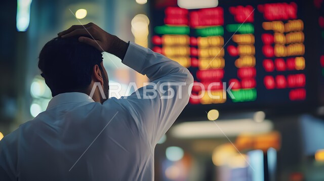 متابعة الرسوم البيانيه الهولوجراميه على الشاشات الالكترونيه المضيئه، صورة من الخلف لرجل أعمال عربي خليجي سعودي يقوم بمراقبة ارتفاع وانخفاض الأسهم في سوق البورصه يضع يده على رأسه دلالة على الخسارة، دمج التكنولوجيا المتطورة مع العمل، رؤية مستقبليه 2030 