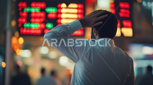 متابعة الرسوم البيانيه الهولوجراميه على الشاشات الالكترونيه المضيئه، صورة من الخلف لرجل أعمال عربي خليجي سعودي يقوم بمراقبة ارتفاع وانخفاض الأسهم في سوق البورصه يضع يده على رأسه دلالة على الخسارة، دمج التكنولوجيا المتطورة مع العمل، رؤية مستقبليه 2030 