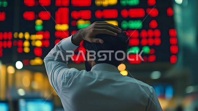 متابعة الرسوم البيانيه الهولوجراميه على الشاشات الالكترونيه المضيئه، صورة من الخلف لرجل أعمال عربي خليجي سعودي يقوم بمراقبة ارتفاع وانخفاض الأسهم في سوق البورصه يضع يده على رأسه دلالة على الخسارة، دمج التكنولوجيا المتطورة مع العمل، رؤية مستقبليه 2030 