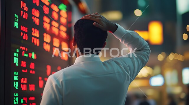 متابعة الرسوم البيانيه الهولوجراميه على الشاشات الالكترونيه المضيئه، صورة من الخلف لرجل أعمال عربي خليجي سعودي يقوم بمراقبة ارتفاع وانخفاض الأسهم في سوق البورصه يضع يده على رأسه دلالة على الخسارة، دمج التكنولوجيا المتطورة مع العمل، رؤية مستقبليه 2030 