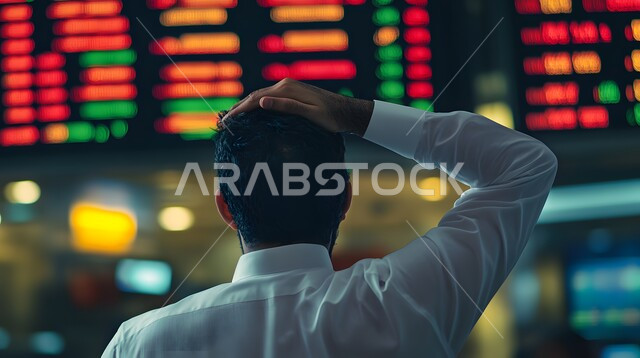 Watching holographic charts on illuminated electronic screens, a picture from the back of a Saudi Arabian Gulf businessman monitoring the rise and fall of stocks in the stock market, putting his hand on his head to indicate loss, integrating advanced technology with work, future vision 2030
