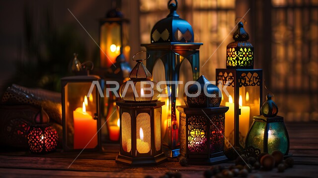 مجموعة من الفوانيس العربية المعدنية المزخرفة المضيئة وقت الليل، العادات والتقاليد العربية في زينة الأعياد والمناسبات الدينية, تحف وديكورات تقليدية للاحتفال بقدوم شهر رمضان المبارك، أجواء رمضانية وروحانية إسلامية