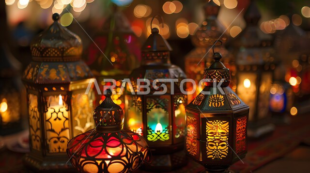 مجموعة من الفوانيس العربية المعدنية المزخرفة المضيئة وقت الليل، العادات والتقاليد العربية في زينة الأعياد والمناسبات الدينية, تحف وديكورات تقليدية للاحتفال بقدوم شهر رمضان المبارك، أجواء رمضانية وروحانية إسلامية