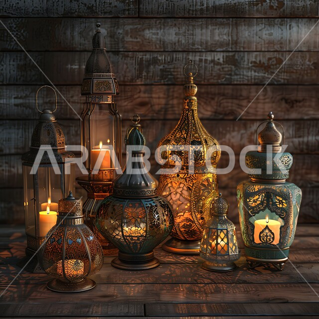 مجموعة من الفوانيس العربية المعدنية المزخرفة المضيئة وقت الليل، العادات والتقاليد العربية في زينة الأعياد والمناسبات الدينية, تحف وديكورات تقليدية للاحتفال بقدوم شهر رمضان المبارك، أجواء رمضانية وروحانية إسلامية