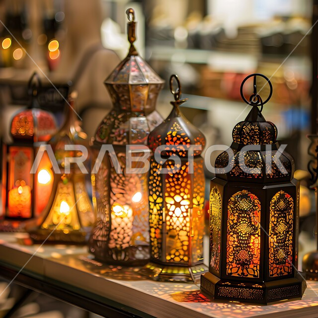 A set of decorative metal Arabic lanterns illuminated at night, Arab customs and traditions in decorating holidays and religious occasions, traditional antiques and decorations to celebrate the coming of the holy month of Ramadan, Ramadan atmosphere and Islamic spirituality