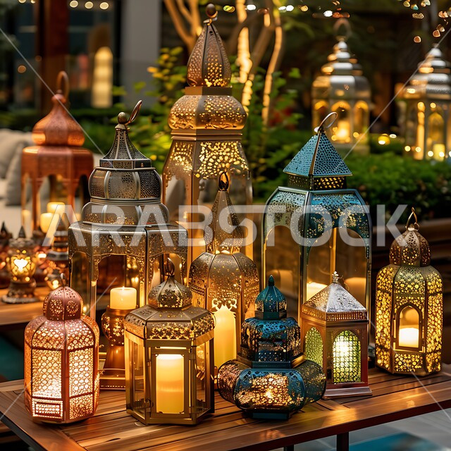 مجموعة من الفوانيس العربية المعدنية المزخرفة المضيئة وقت الليل، العادات والتقاليد العربية في زينة الأعياد والمناسبات الدينية, تحف وديكورات تقليدية للاحتفال بقدوم شهر رمضان المبارك، أجواء رمضانية وروحانية إسلامية