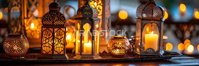 مجموعة من الفوانيس العربية المعدنية المزخرفة المضيئة وقت الليل، العادات والتقاليد العربية في زينة الأعياد والمناسبات الدينية, تحف وديكورات تقليدية للاحتفال بقدوم شهر رمضان المبارك، أجواء رمضانية وروحانية إسلامية