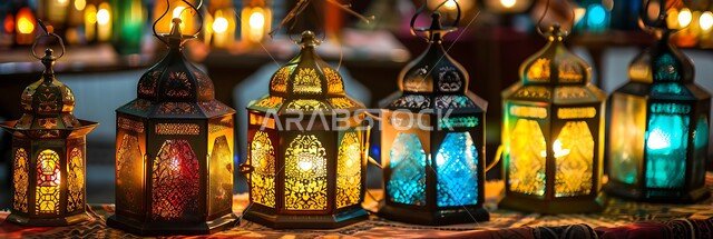 مجموعة من الفوانيس العربية المعدنية المزخرفة المضيئة وقت الليل، العادات والتقاليد العربية في زينة الأعياد والمناسبات الدينية, تحف وديكورات تقليدية للاحتفال بقدوم شهر رمضان المبارك، أجواء رمضانية وروحانية إسلامية