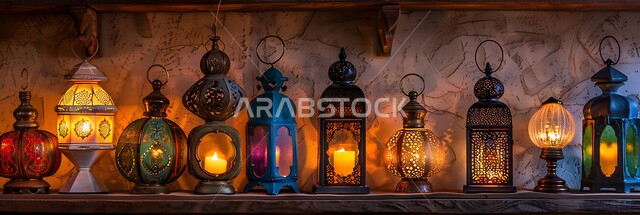 مجموعة من الفوانيس العربية المعدنية المزخرفة المضيئة وقت الليل، العادات والتقاليد العربية في زينة الأعياد والمناسبات الدينية, تحف وديكورات تقليدية للاحتفال بقدوم شهر رمضان المبارك، أجواء رمضانية وروحانية إسلامية