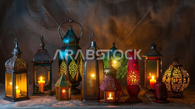 مجموعة من الفوانيس العربية المعدنية المزخرفة المضيئة وقت الليل، العادات والتقاليد العربية في زينة الأعياد والمناسبات الدينية, تحف وديكورات تقليدية للاحتفال بقدوم شهر رمضان المبارك، أجواء رمضانية وروحانية إسلامية