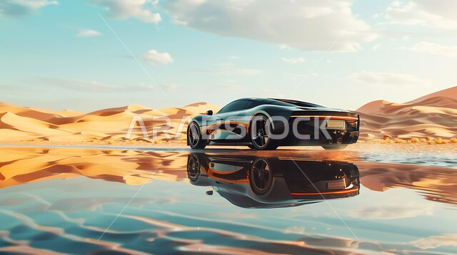 مغامرات السفاري على الكثبان الرملية في وقت النهار في صحراء المملكة العربية السعودية ،قيادة سيارة رياضية على الرمال الذهبية الناعمة، أنشطة ترفيهية تجذب السياح