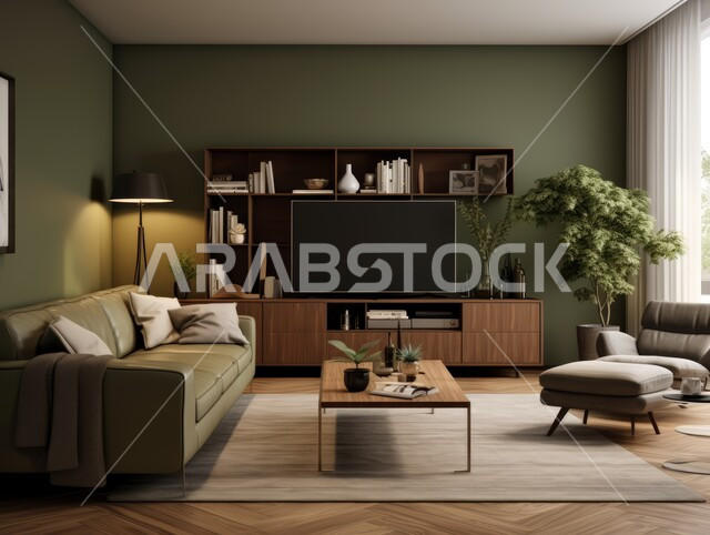 التصاميم الداخلية لغرف الجلوس المريحة على الطراز الحديث ، غرفة معيشة مع أثاث منزلي فاخر ، الديكورات الداخلية الراقية للفلل والشقق السكنية في المملكة العربية السعودية ، لوحات فنية معلقة ، اكسسوارات وتحف عصرية