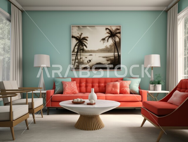 Hanging paintings, interior designs for comfortable living rooms in modern style, living room with luxury home furniture, high-end interiors for villas and residential apartments in the Kingdom of Saudi Arabia, modern accessories and antiques