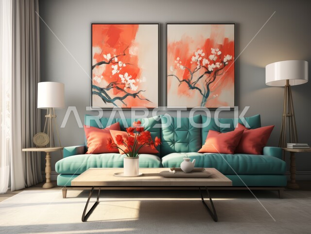 Hanging paintings, interior designs for comfortable living rooms in modern style, living room with luxury home furniture, high-end interiors for villas and residential apartments in the Kingdom of Saudi Arabia, modern accessories and antiques