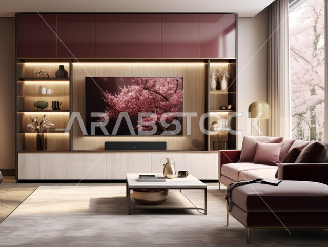 لوحات فنية معلقة ، التصاميم الداخلية لغرف الجلوس المريحة على الطراز الحديث ، غرفة معيشة مع أثاث منزلي فاخر ، الديكورات الداخلية الراقية للفلل والشقق السكنية في المملكة العربية السعودية ،  اكسسوارات وتحف عصرية