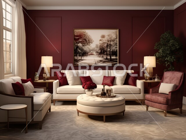 لوحات فنية معلقة ، التصاميم الداخلية لغرف الجلوس المريحة على الطراز الحديث ، غرفة معيشة مع أثاث منزلي فاخر ، الديكورات الداخلية الراقية للفلل والشقق السكنية في المملكة العربية السعودية ،  اكسسوارات وتحف عصرية