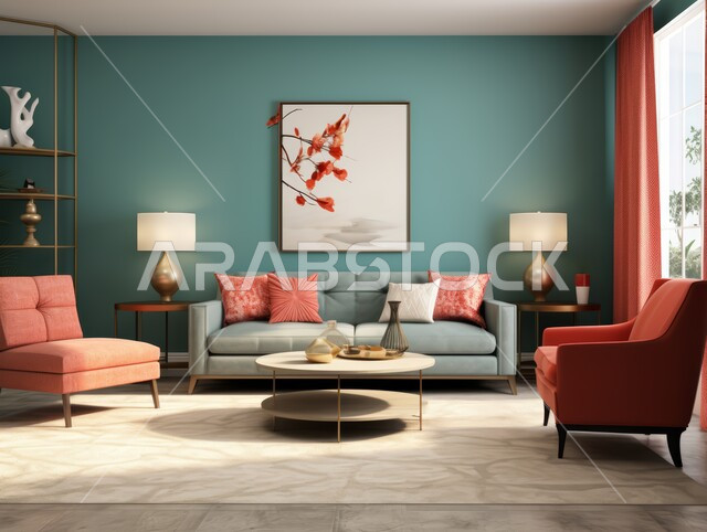 Hanging paintings, interior designs for comfortable living rooms in modern style, living room with luxury home furniture, high-end interiors for villas and residential apartments in the Kingdom of Saudi Arabia, modern accessories and antiques