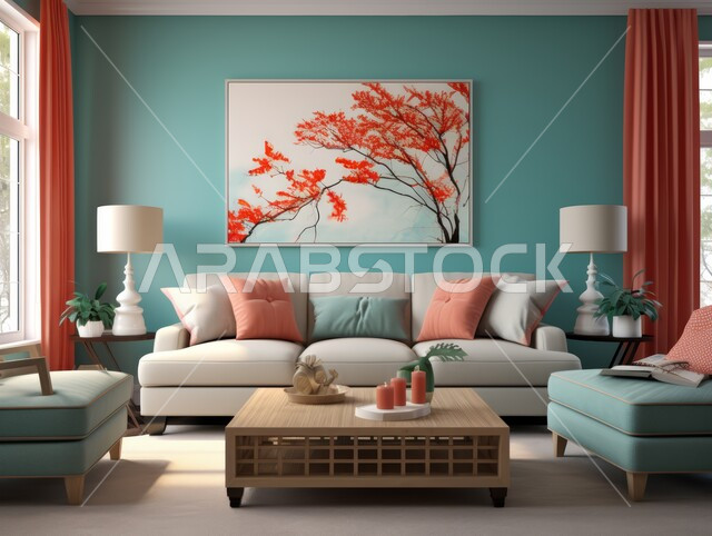 High-end interior decoration for villas and residential apartments in the Kingdom of Saudi Arabia, interior designs for comfortable sitting rooms in modern style, a living room with luxury home furniture, hanging paintings, modern accessories and antiques