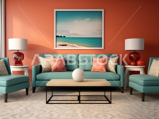 الديكور الداخلي الراقي للفلل والشقق السكنية في المملكة العربية السعودية ، التصاميم الداخلية لغرف الجلوس المريحة على الطراز الحديث ، غرفة معيشة مع أثاث منزلي فاخر ، لوحات فنية معلقة ، اكسسوارات وتحف عصرية