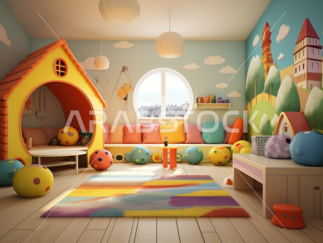 ديكور داخلي وتصميم عصري على الطراز الحديث، الفن الهندسي لغرفة نوم الأبناء بألوان متنوعة، تحف واكسسوارات لغرف الأطفال، سرير مريح وأثاث منزلي راقي، الفلل والشقق السكنية في السعودية