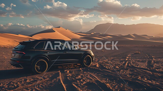 أنشطة صحراوية ممتعة، الاستمتاع بممارسة الهوايات المفضلة ,مغامرة شيقة على الرمال الذهبية الناعمة في صحاري المملكة العربية السعودية ،مغامرات سفاري على الكثبان الرملية ،قيادة سيارة اودي سوداء وسط الصحراء