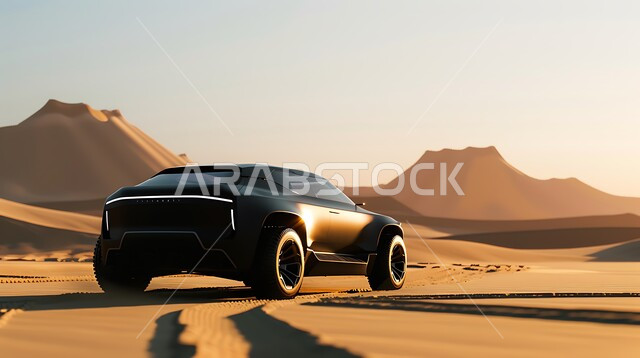 الاستمتاع بممارسة الهوايات المفضلة ,مغامرة شيقة على الرمال الذهبية الناعمة في صحاري المملكة العربية السعودية ،مغامرات سفاري على الكثبان الرملية ،قيادة سيارة كهربائية سوداء وسط الصحراء