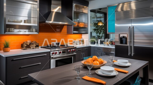 Upscale residential apartments and villas in Saudi Arabia, advanced electrical appliances with high technologies, the use of elegant artistic style in home furniture, a kitchen with luxurious modern interiors, distinguished modern architectural arts