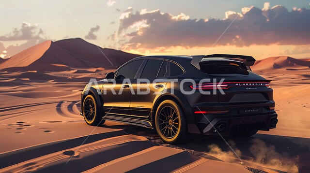 أنشطة صحراوية ممتعة، الاستمتاع بممارسة الهوايات المفضلة ,مغامرة شيقة على الرمال الذهبية الناعمة في صحاري المملكة العربية السعودية ،مغامرات سفاري على الكثبان الرملية، قيادة سيارة بورش كايان سوداء وسط الصحراء