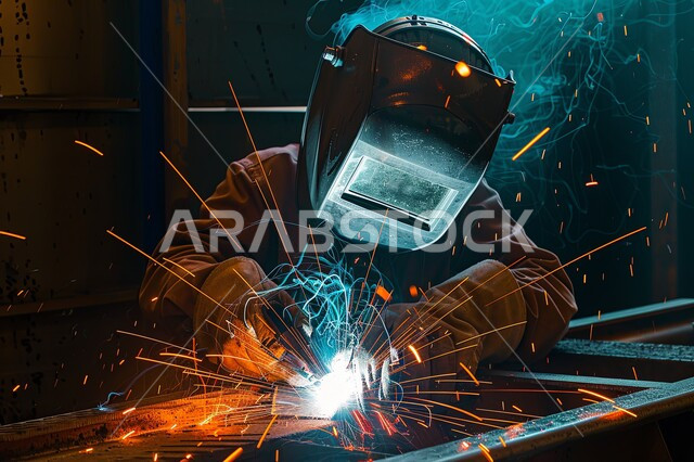 مهن وأعمال سعوديه, تجهيز وتوصيل الحديد بمعدات وأدوات لحامية, ارتداء الزي الواقي للحمايه من الشرار المتناثر في المعمل, المهارة في اتقان العمل في مصنع الحداده, صورة مقربة لمهندس صناعي عربي خليجي سعودي يرتدي خوذة الحماية والقفازات يقوم بلحام المعدن