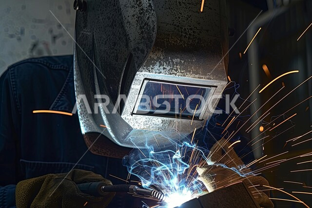 مهن وأعمال سعوديه, تجهيز وتوصيل الحديد بمعدات وأدوات لحامية, ارتداء الزي الواقي للحمايه من الشرار المتناثر في المعمل, المهارة في اتقان العمل في مصنع الحداده, صورة مقربة لمهندس صناعي عربي خليجي سعودي يرتدي خوذة الحماية والقفازات يقوم بلحام المعدن