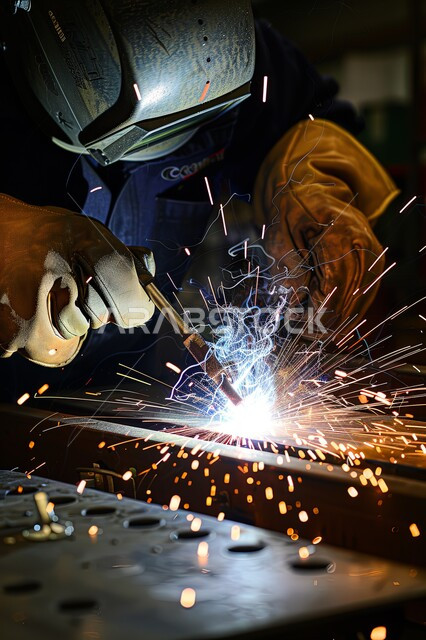 المهارة في اتقان العمل في مصنع الحداده, صورة مقربة لمهندس صناعي عربي خليجي سعودي يرتدي خوذة الحماية والقفازات يقوم بلحام المعدن, تجهيز وتوصيل الحديد بمعدات وأدوات لحامية, مهن وأعمال سعوديه, ارتداء الزي الواقي للحمايه من الشرار المتناثر في المعمل