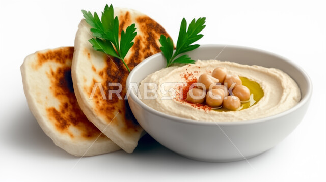 المقبلات النباتية الباردة اللذيذة، صورة مقربة لطبق من الحمص الكريمي المزين بزيت الزيتون والفلفل الحلو مع خبز البيتا الطازج، مأكولات شعبية تقليدية، وصفات طعام شرقية عربية سعودية، خلفية بيضاء