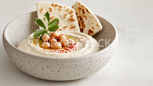 A bowl of creamy hummus with pita bread, presented on a white background, emphasizing a fresh and appetizing look. AI image