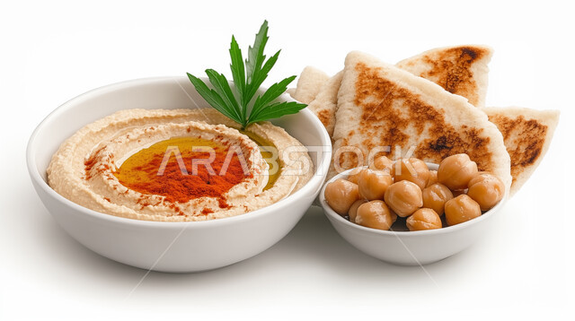 المقبلات النباتية الباردة اللذيذة، صورة مقربة لطبق من الحمص الكريمي المزين بزيت الزيتون والفلفل الحلو مع خبز البيتا الطازج، مأكولات شعبية تقليدية، وصفات طعام شرقية عربية سعودية، خلفية بيضاء