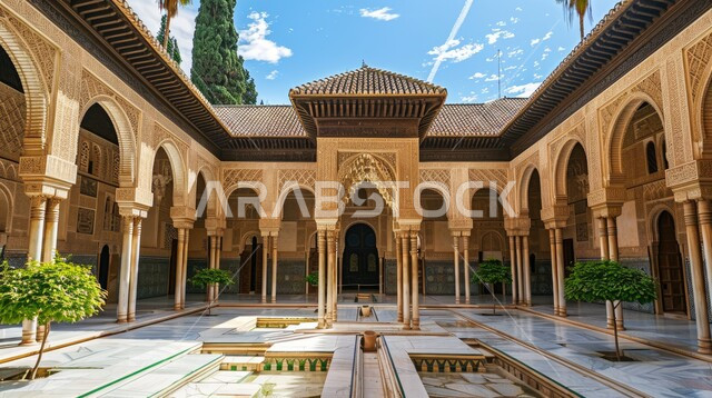 الاهتمام في زراعه النباتات  الخضراء , الفن الهندسي المعماري للتصاميم والديكورات الداخليه  الأنيقة   ، النقوش والزخارف للاعمدة والاقواس على الطراز الاسلامي