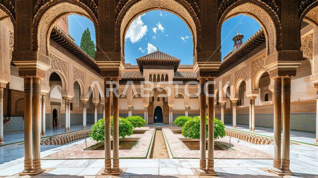 الفن الهندسي المعماري للتصاميم والديكورات  الداخلية  الأنيقة   ، النقوش والزخارف للاعمدة والاقواس على الطراز الاسلامي، الاهتمام في زراعه النباتات الخضراء 