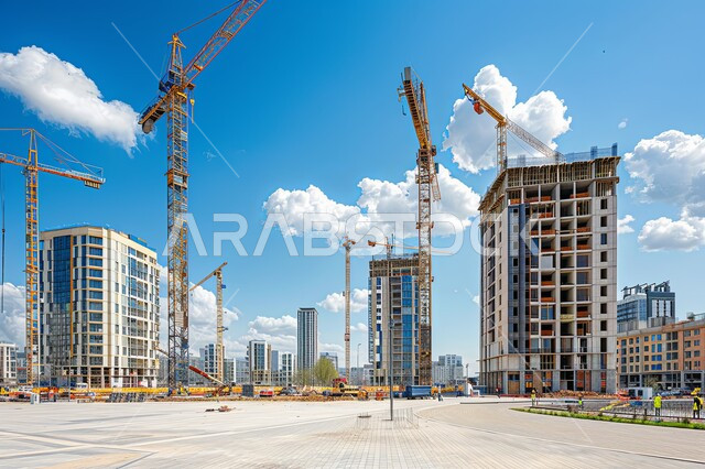 Construction cranes and concrete pouring on top of modern buildings under construction, Saudi urban development and progress, improving and developing infrastructure in the Kingdom of Saudi Arabia, the concept of structural and architectural engineering, implementing the construction plan and forming the metal structure