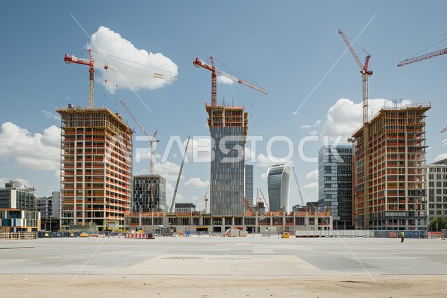 Saudi urban development and progress, improving and developing infrastructure in the Kingdom of Saudi Arabia, the concept of structural and architectural engineering, implementing the construction plan and forming the metal structure, construction cranes and pouring concrete over modern buildings under construction