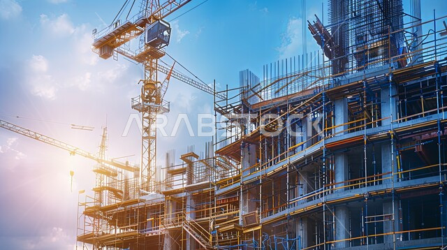 Construction cranes are working on building a new facility in Saudi Arabia, Infrastructure development concept, Implementation of construction plan and metal structure formation, Heavy machinery and equipment, Cranes and high scaffolding, Construction and concrete pouring works