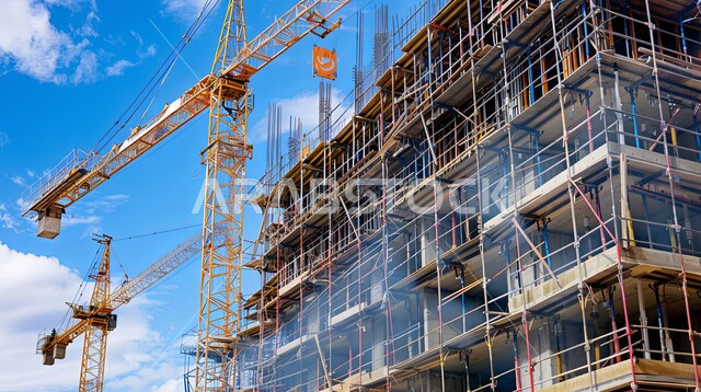 أعمال البناء وصب الخرسانات, رافعات البناء تعمل على بناء منشآة جديدة في المملكة العربية السعودية, مفهوم تطوير البنية التحتية, تنفيذ مخطط الإعمار وتشكيل الهيكل المعدني, الالات والمعدات الثقيلة والرافعات والسقالات العالية