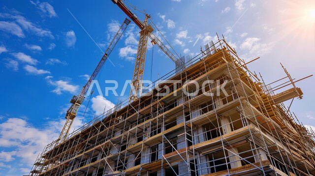 الالات والمعدات الثقيلة والرافعات والسقالات العالية, أعمال البناء وصب الخرسانات, رافعات البناء تعمل على بناء منشآة جديدة في المملكة العربية السعودية, مفهوم تطوير البنية التحتية, تنفيذ مخطط الإعمار وتشكيل الهيكل المعدني