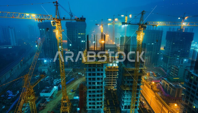 المنشآت والمباني قيد الانشاء في الليل, رافعات وسقالات عالية ومعدات ثقيلة, مفهوم الهندسة الانشائية والمعمارية, التطور والتقدم العمراني السعودي, أعمال البناء وصب الخرسانات