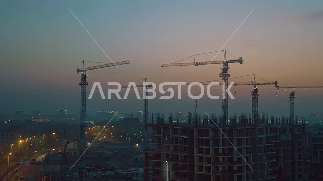 موقع بناء عند غروب الشمس, استخدام الآليات الحديثة في المملكة العربية السعودية, تنفيذ مخطط الإعمار وتشكيل الهيكل المعدني, أعمال البناء وصب الخرسانات ووضع الأساسات, الآلات والمعدات الثقيلة والرافعات والسقالات العالية, مفهوم الهندسة الانشائية والمعمارية