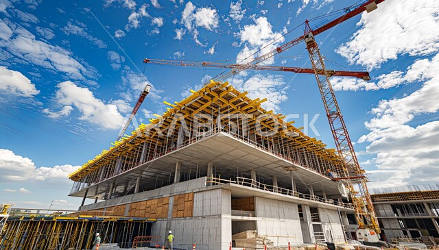 تنفيذ مخطط الإعمار وتشكيل الهيكل المعدني, أعمال البناء وصب الخرسانات ووضع الأساسات, الآلات والمعدات الثقيلة والرافعات والسقالات العالية, مفهوم الهندسة الانشائية والمعمارية, رافعة صفراء ترفع المواد في موقع الانشاء, استخدام الآليات الحديثة في السعودية