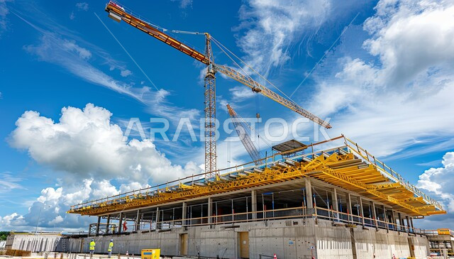 رافعة صفراء ترفع المواد في موقع الانشاء, استخدام الآليات الحديثة في السعودية, تنفيذ مخطط الإعمار وتشكيل الهيكل المعدني, أعمال البناء وصب الخرسانات ووضع الأساسات, الآلات والمعدات الثقيلة والرافعات والسقالات العالية, مفهوم الهندسة الانشائية والمعمارية