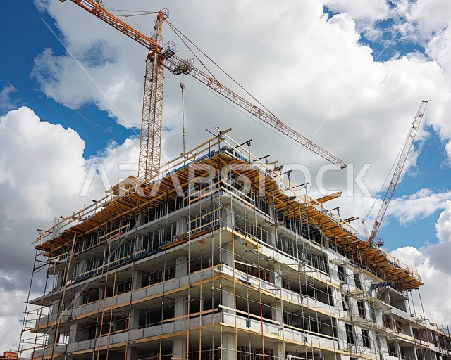 رافعة صفراء ترفع المواد في موقع الانشاء, استخدام الآليات الحديثة في السعودية, تنفيذ مخطط الإعمار وتشكيل الهيكل المعدني, أعمال البناء وصب الخرسانات ووضع الأساسات, الآلات والمعدات الثقيلة والرافعات والسقالات العالية, مفهوم الهندسة الانشائية والمعمارية