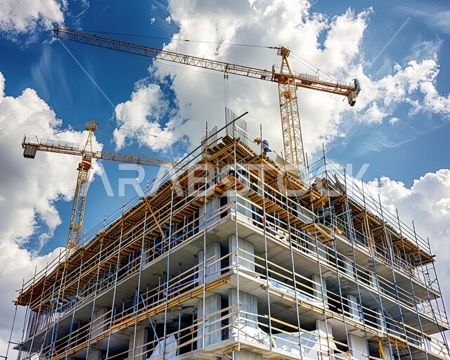 بناء تحت التشييد باستخدام الآليات الحديثة في المملكة العربية السعودية, تنفيذ مخطط الإعمار وتشكيل الهيكل المعدني, أعمال البناء وصب الخرسانات ووضع الأساسات, الآلات والمعدات الثقيلة والرافعات والسقالات العالية, مفهوم الهندسة الانشائية والمعمارية