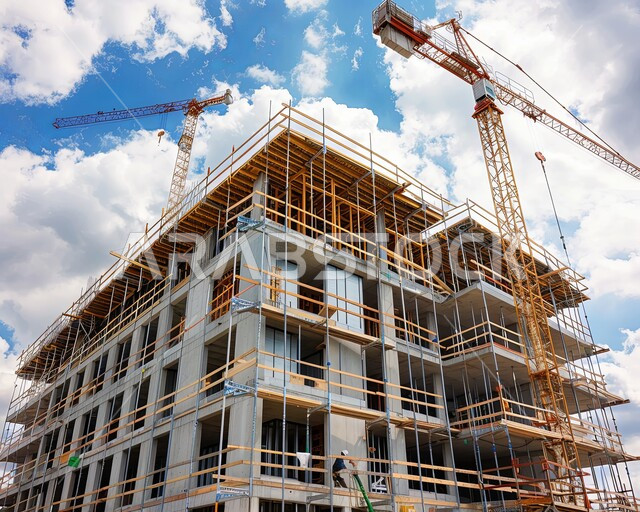 بناء تحت التشييد باستخدام الآليات الحديثة في المملكة العربية السعودية, تنفيذ مخطط الإعمار وتشكيل الهيكل المعدني, أعمال البناء وصب الخرسانات ووضع الأساسات, الآلات والمعدات الثقيلة والرافعات والسقالات العالية, مفهوم الهندسة الانشائية والمعمارية